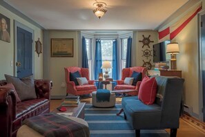 TV, fireplace, books, offices - 1784 Denison Home~ New England Nautical Inspiration~ Welcome to Warm Hospitality (Stonington)