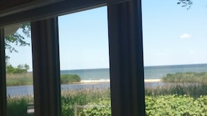 Uitzicht door een raam op een strand met een houten omheining en begroeiing.