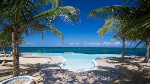 Ein Poolbereich mit Palmen und freiem Blick auf das Meer.
