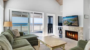 Smart TV, chimenea, reproductor de DVD y libros
