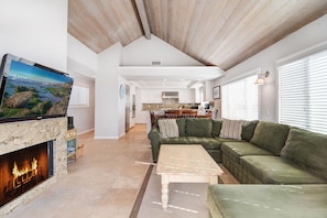 Smart TV, fireplace, DVD player, books