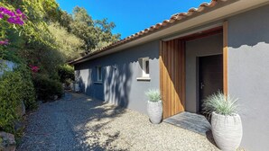 Een modern huis met een grindpad, een houten deur en twee grote plantenbakken.