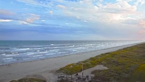 A coastal view with a beach, ocean, and a grassy area with some structures. - "The Erin" ~ a nautical condo with beach & pond view (Corpus Christi)