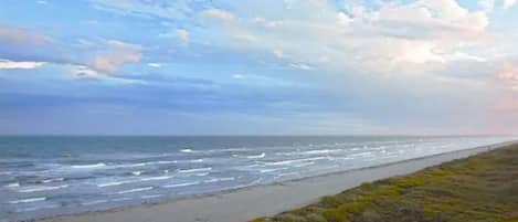 Une vue côtière comprenant une plage, l’océan et une zone herbeuse avec quelques constructions.