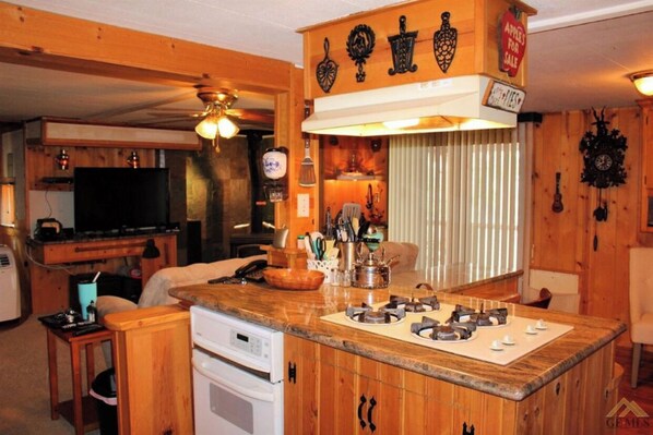 Cozy cabin kitchen with central island, stove, and wooden bar counter.