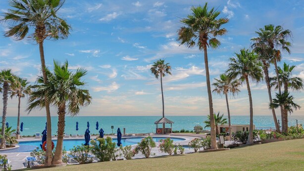 Un resort con piscina, palmeras y vista al océano.