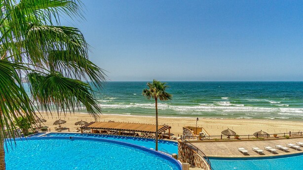 A pool area with a view of the ocean, lounge chairs, and a palm tree. - Sonoran Sky 308 Must-see Clean Bright Ocean View Condo (Puerto Peñasco)