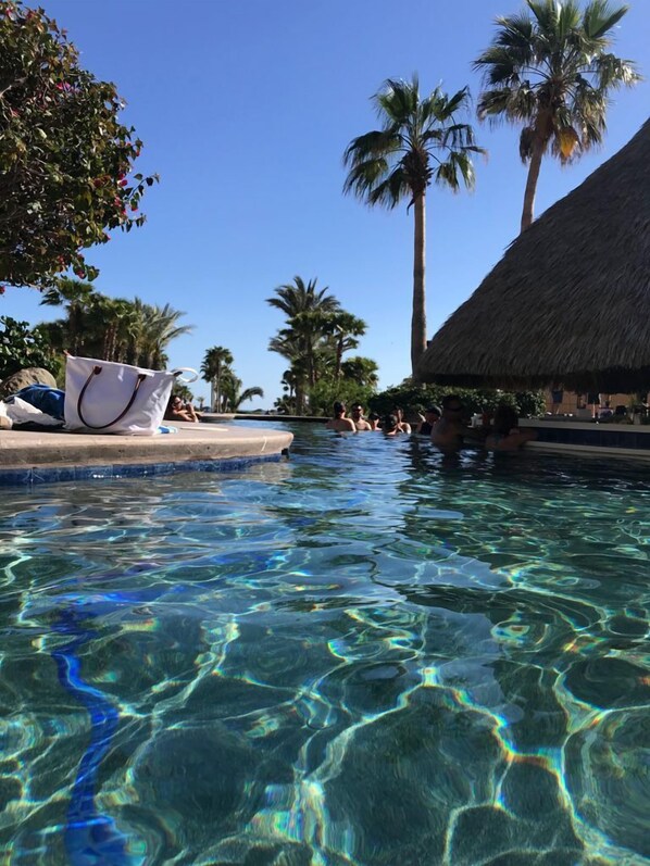 Relax by the serene pool surrounded by palm trees and a thatched-roof structure.