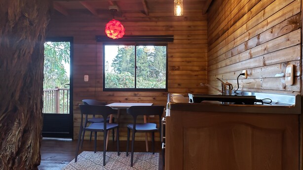 Interior de una cabaña de madera con comedor, cocina y un ventanal con vistas a árboles.
