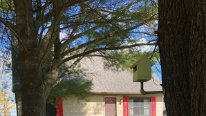 A house with a front porch, a red door, and a small front yard with a tree. - Silver Lake Cabin (Traverse City)