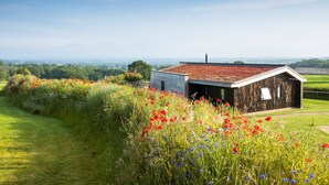 Una casa de madera rústica con techo inclinado, rodeada de un jardín exuberante lleno de flores silvestres.