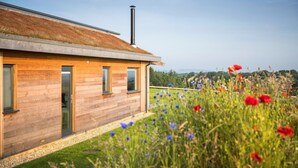 A modern wooden house with a sloped roof and a chimney, surrounded by a well-maintained garden with wildflowers. - Dorset Eco Retreats - Ansty, Dorchester (Ansty, Dorchester)