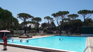 A swimming pool with clear blue water, surrounded by trees and a tiled deck. - Lovely apartment in villa for 5 people with A/C, WIFI, pool, terrace and pets allowed (Bibbona)