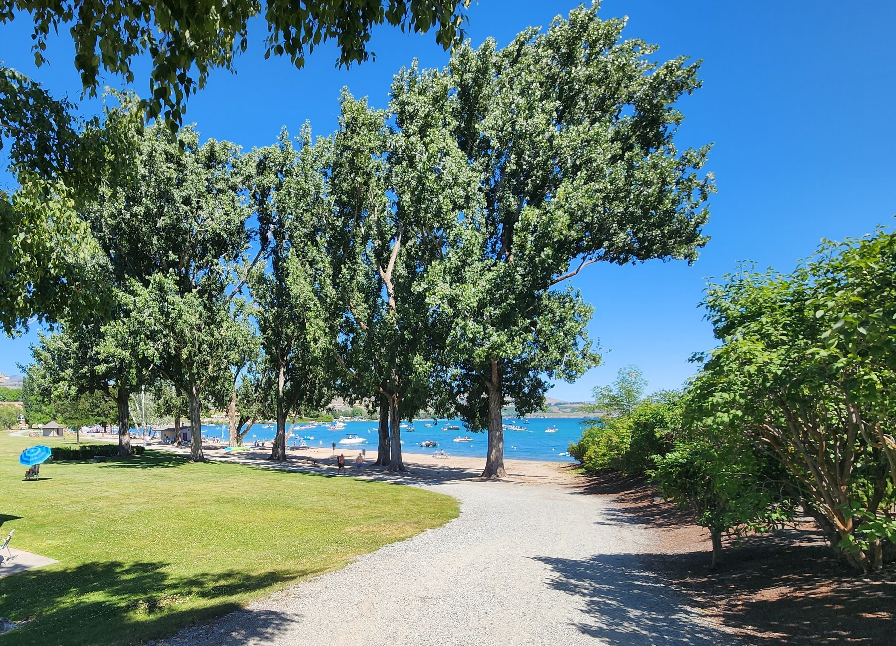 Un sentier qui mène à une plage où se trouvent des bateaux sur l’eau.