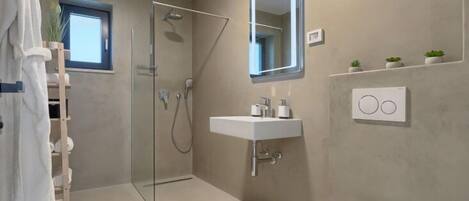 A modern bathroom with a glass shower enclosure, a white sink, a toilet, and a mirror.