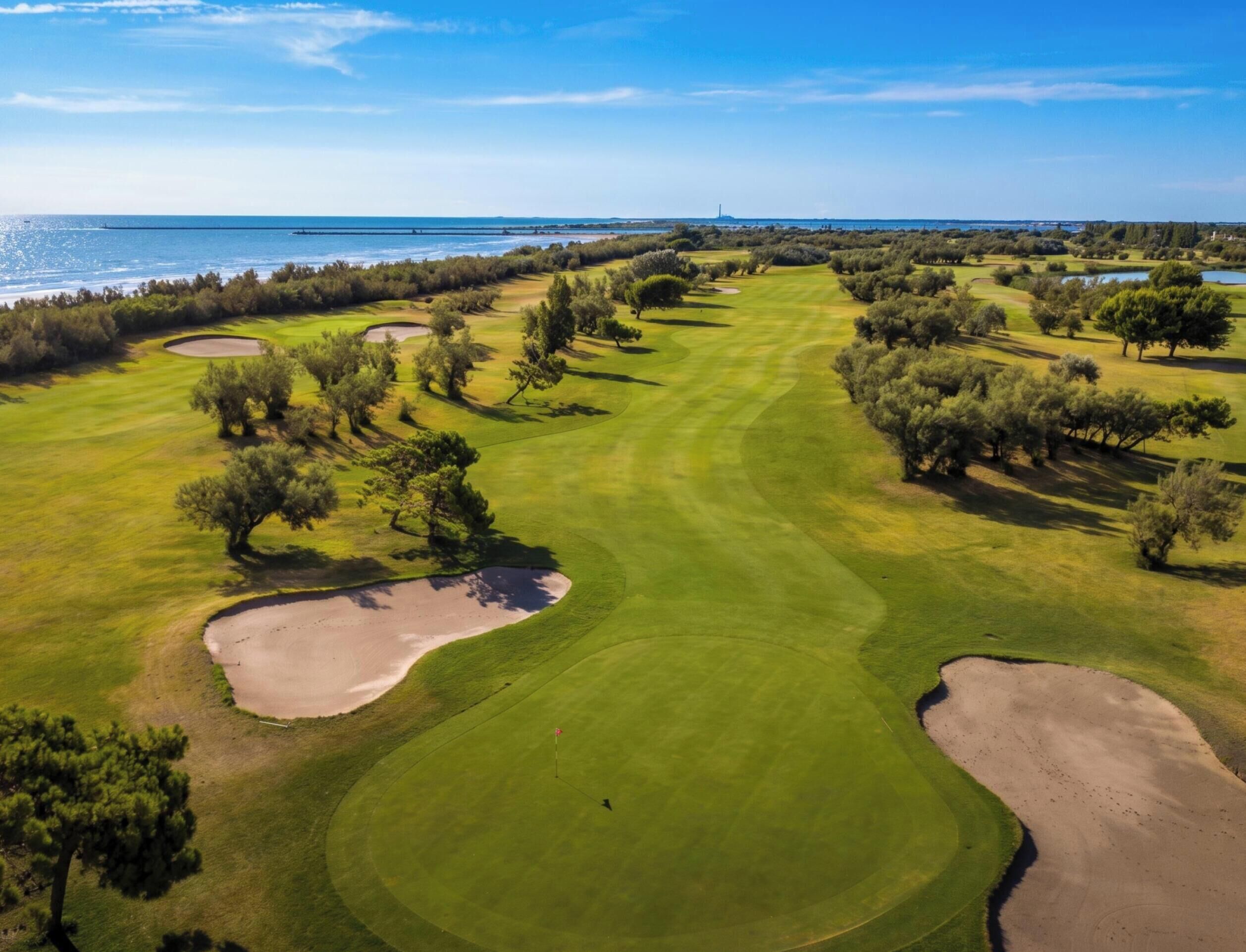 En golfbane med bunkers, træer og havudsigt.