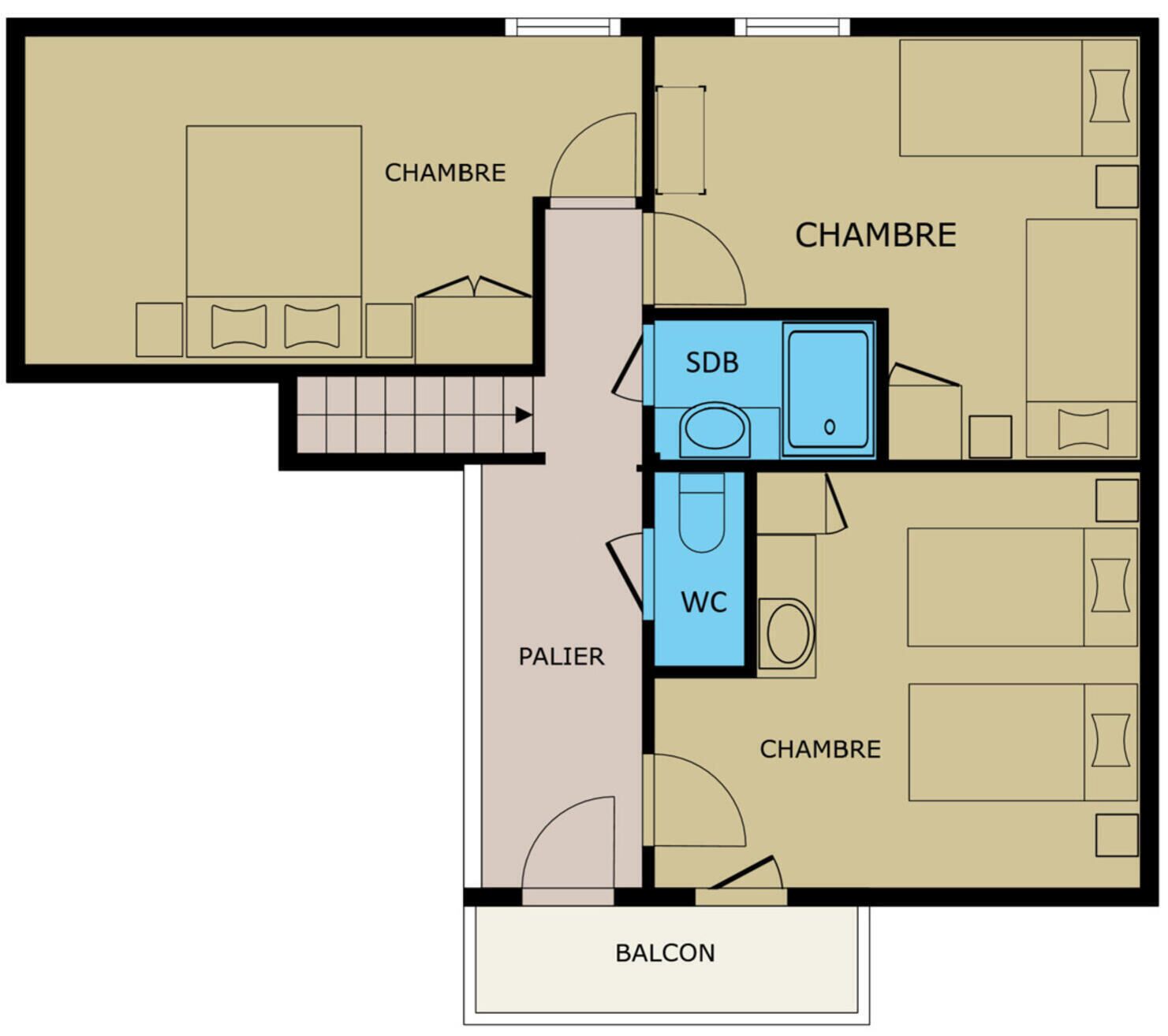 A floor plan with multiple bedrooms, a bathroom, a kitchen, a balcony, and a laundry area.