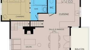 A floor plan with a bedroom, bathroom, kitchen, dining area, living room, and balcony. - 4★ Chalet, 8 pers, cozy, near slopes, La Clusaz (La Clusaz)