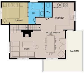 Un plan d’étage comprenant une chambre, une salle de bain, une cuisine, un coin repas, un salon et un balcon.