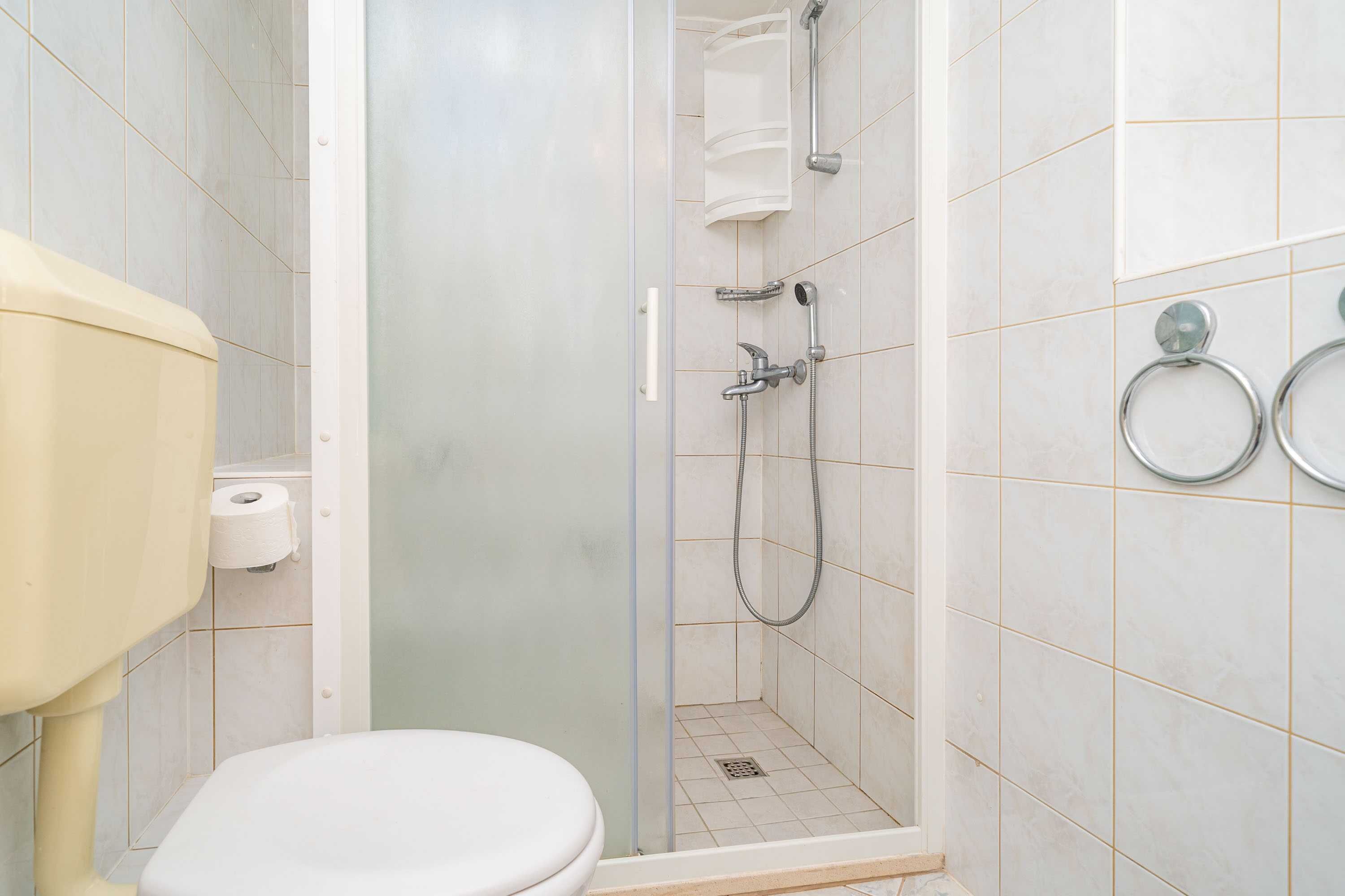 A bathroom with a toilet, a shower enclosure, and a toilet paper holder.