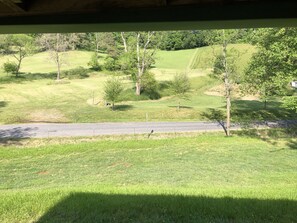 Enjoy a serene view of the lush landscape from this outdoor patio.
