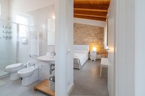 Shower, hair dryer, bidet, towels