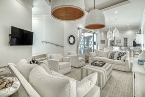 TV, DVD player, video library, stereo