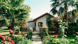 A rustic house with a tiled roof, surrounded by lush greenery and flowering plants.