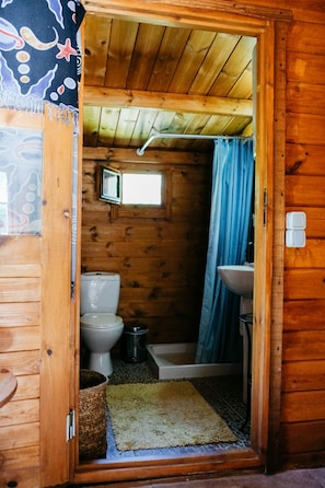 A wooden cabin bathroom with a toilet, sink, and shower.