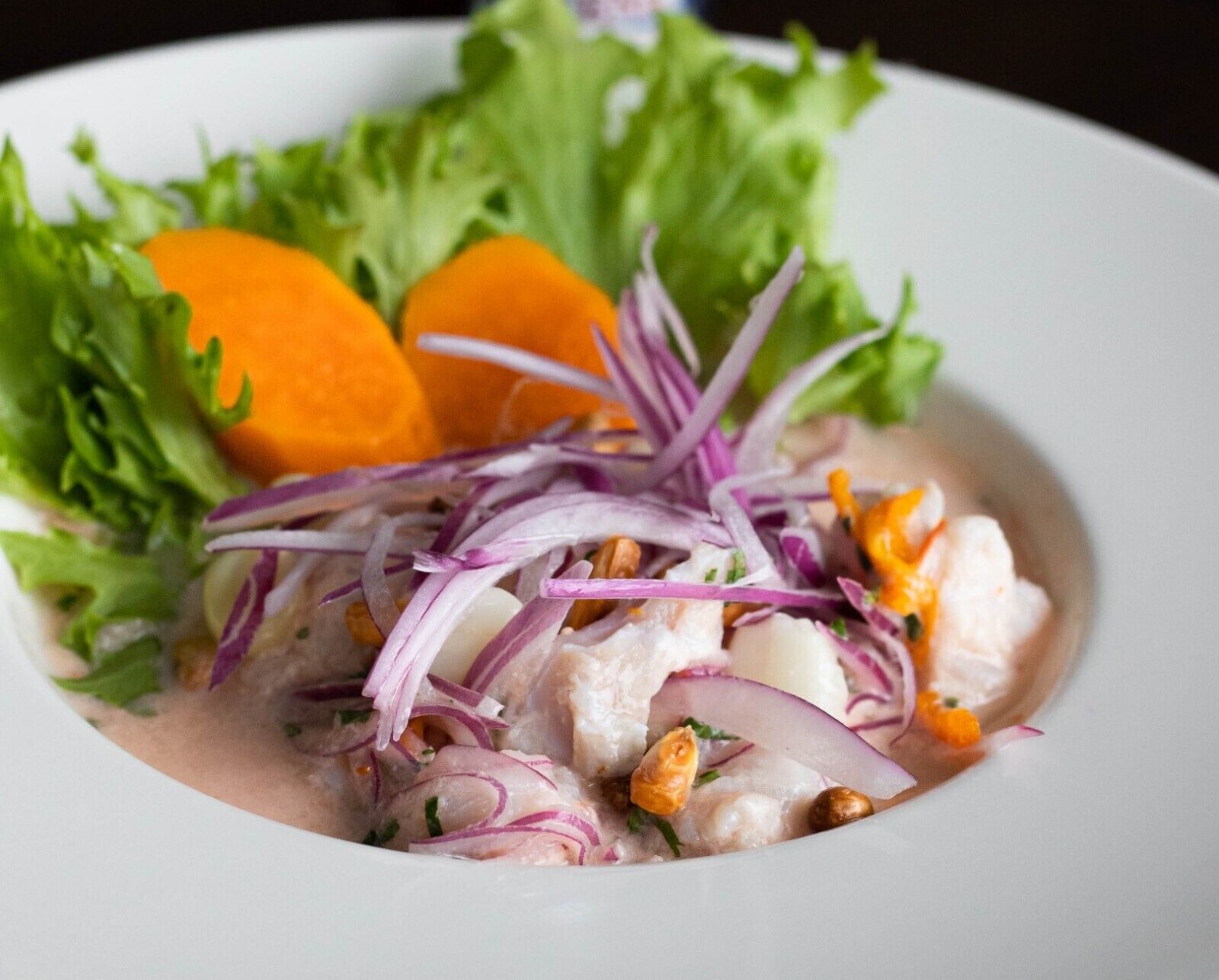 A plate of food with a creamy sauce, fish, red onions, and orange slices, served on a white plate with green lettuce.