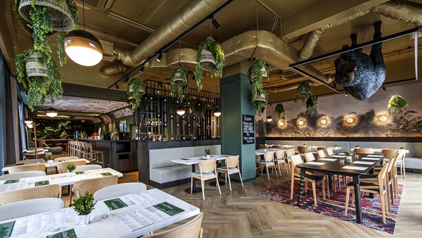 Een restaurant interieur met houten tafels, hangplanten en een visgraatvloer.