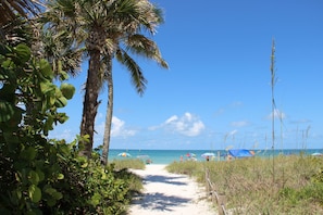 A beach path lined with palm trees and beach umbrellas. - Updated Polynesian Villa - 5 minutes from Gulf Beaches! (Bonita Springs)