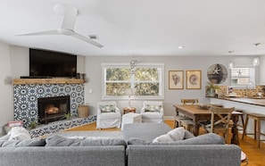 Smart TV, fireplace, books, computer monitors
