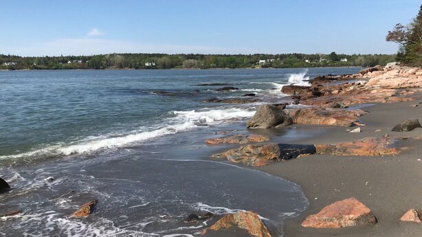 A rocky shoreline with waves crashing onto the beach.