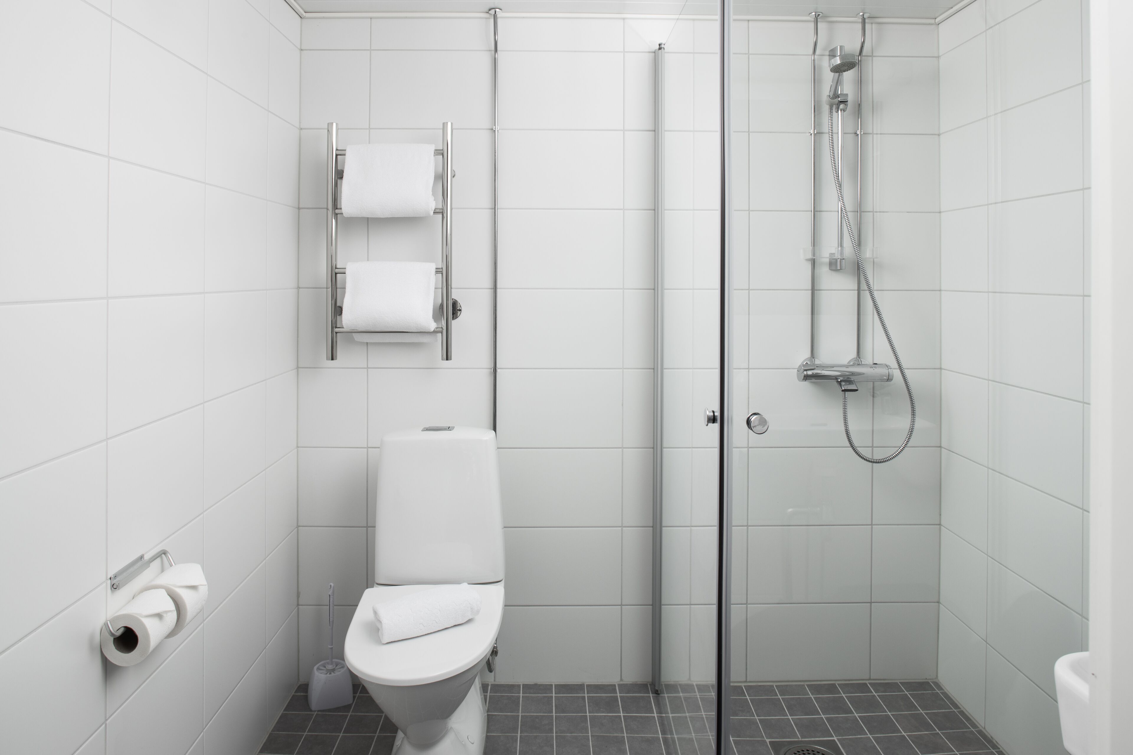 family room | bathroom | shower, hair dryer, towels