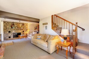 TV, fireplace, DVD player, books