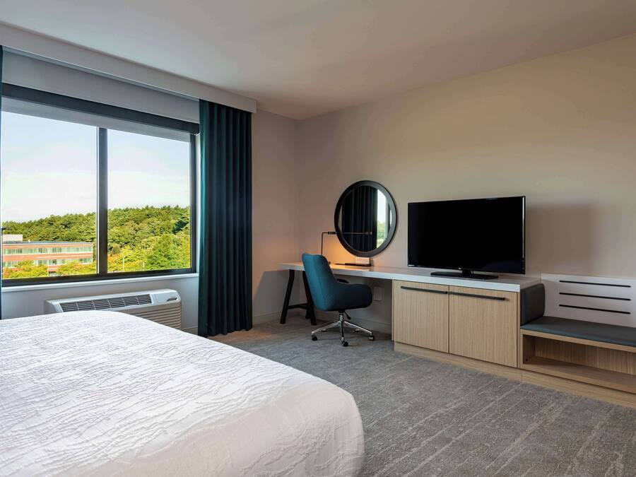 A hotel room with a large bed, a desk with a chair, a TV, and a view of greenery outside.