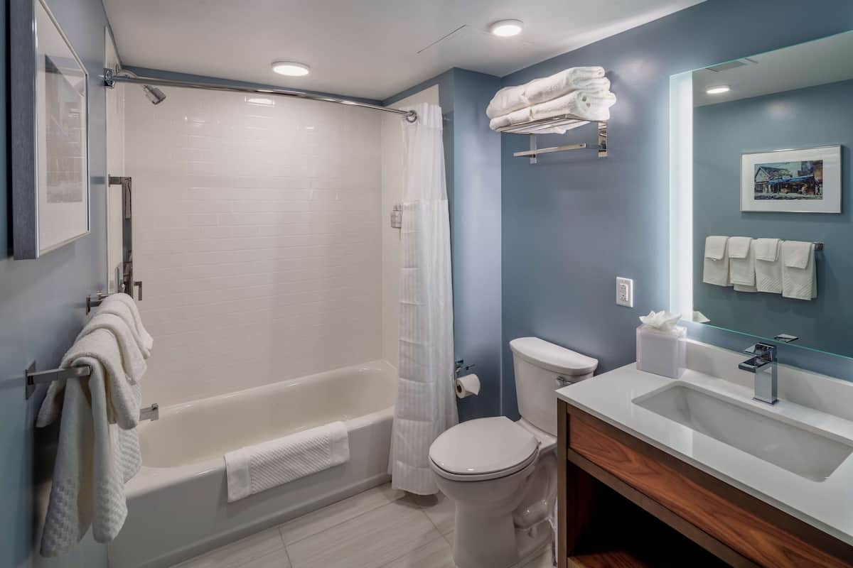 designer toiletries, hair dryer, towels, soap