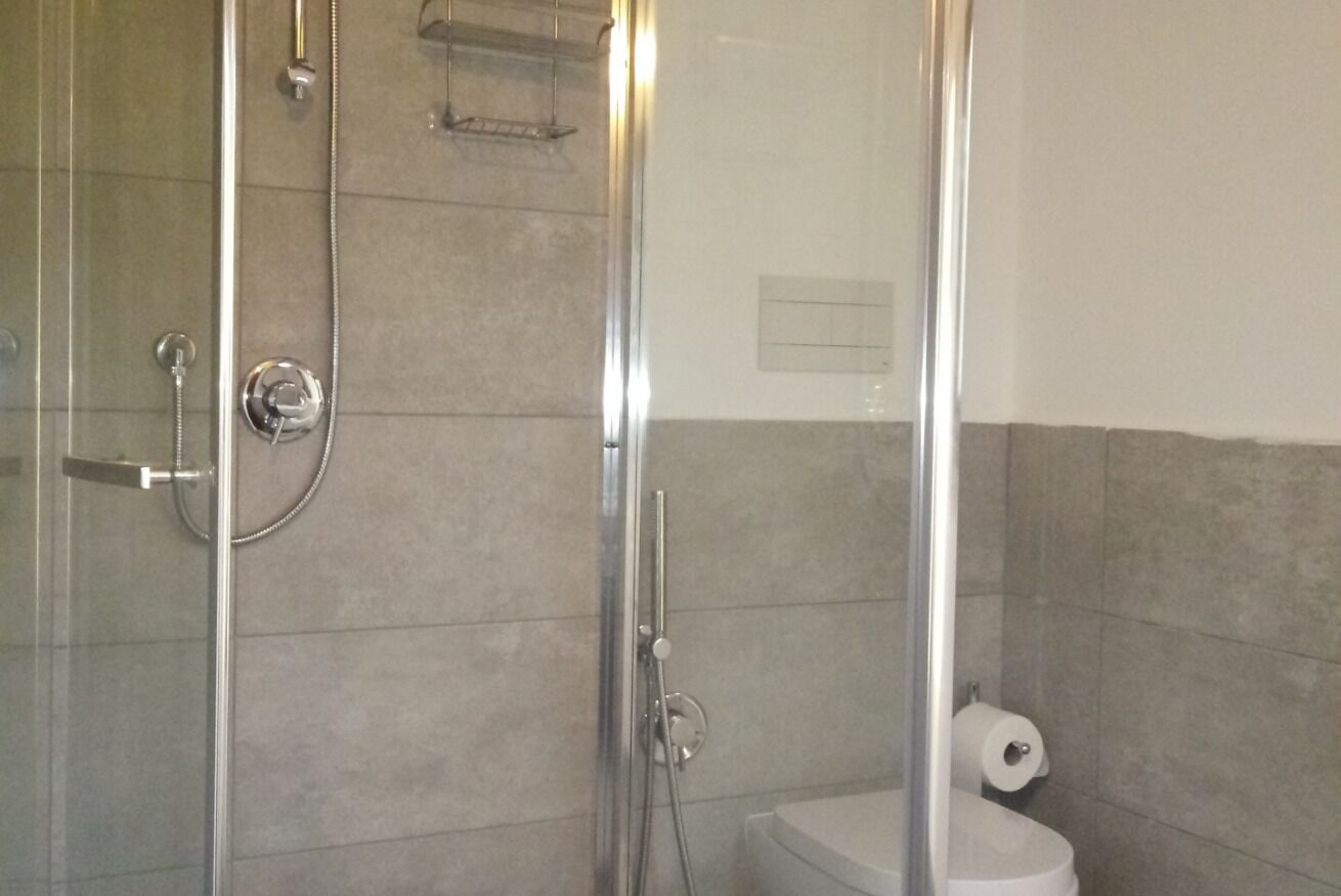 A bathroom with a glass-enclosed shower, a toilet, and a towel rack.