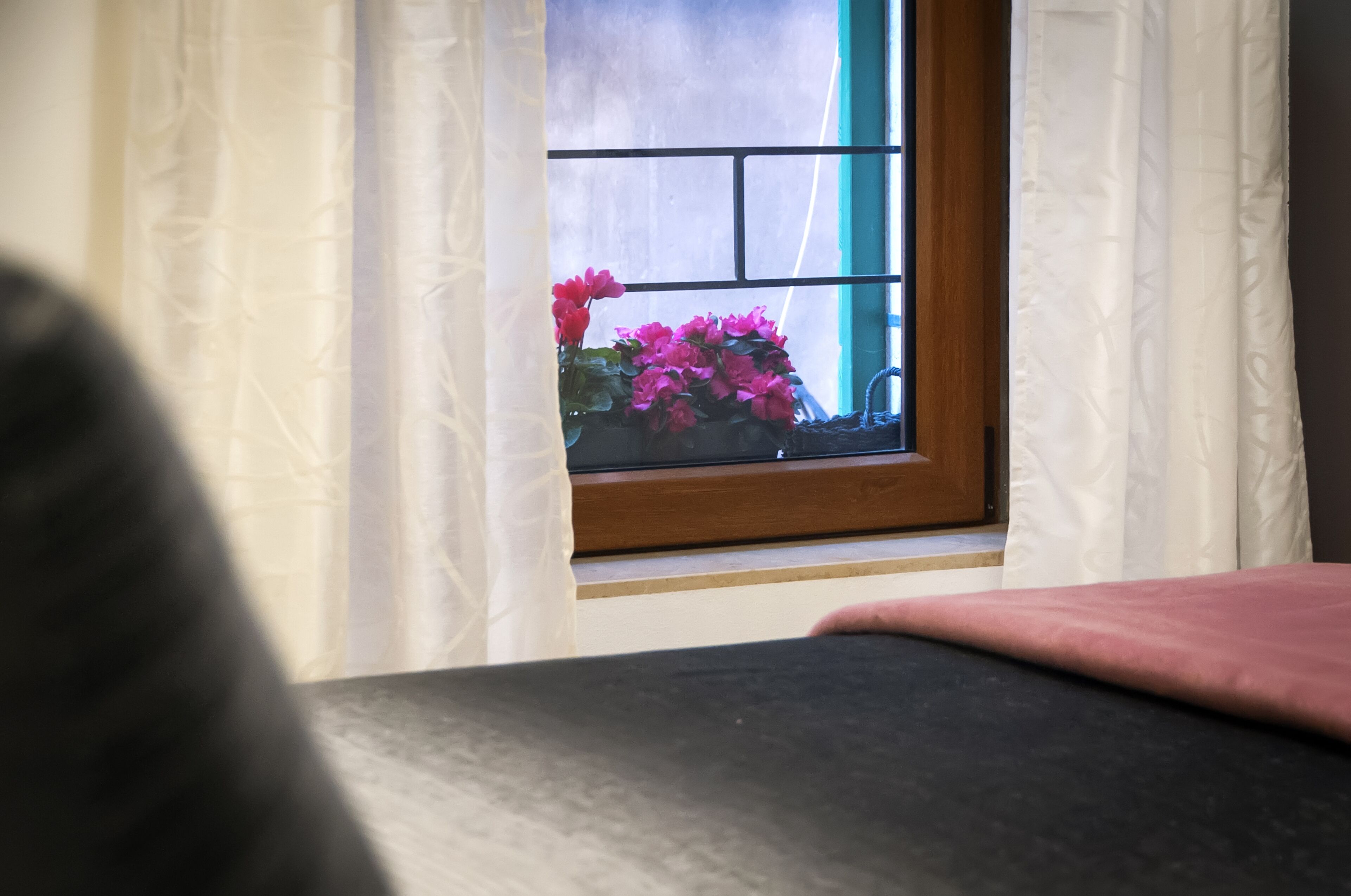 A room with a window featuring a view of pink flowers and a wooden frame.