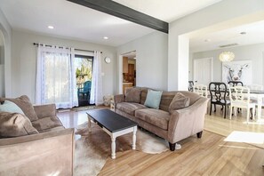 TV, fireplace, books