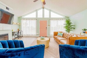 Smart TV, fireplace, books