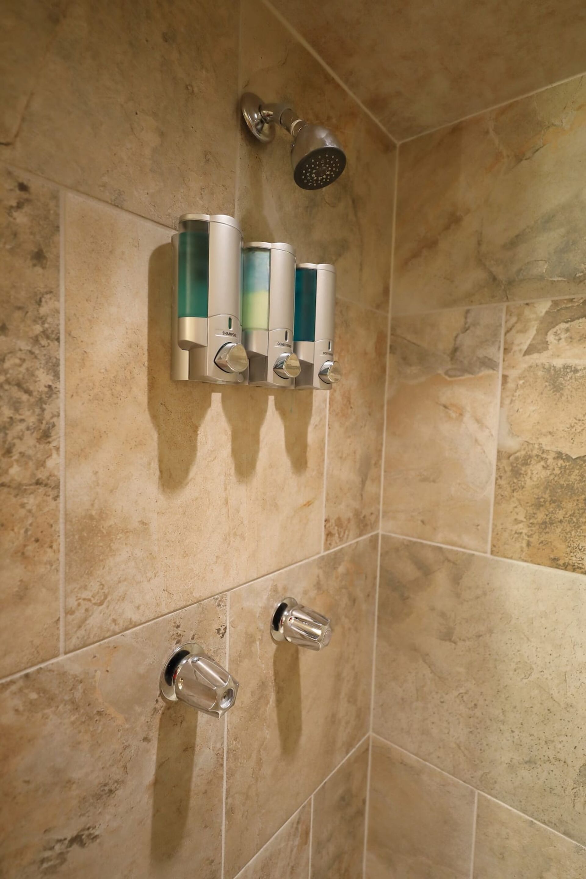 Un área de ducha con cabezal de ducha manual y tres botellas de champú y acondicionador en un dispensador de pared.