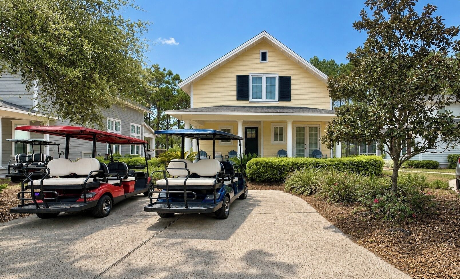 A residential house with a driveway, two golf carts, and a well-maintained lawn.