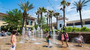 Ein Wasserpark mit zahlreichen Wasserspielen und Palmen.