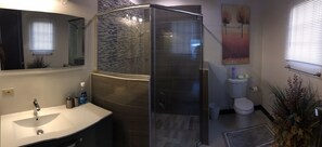Une salle de bain moderne avec une douche à parois de verre, un lavabo avec un miroir et des toilettes.