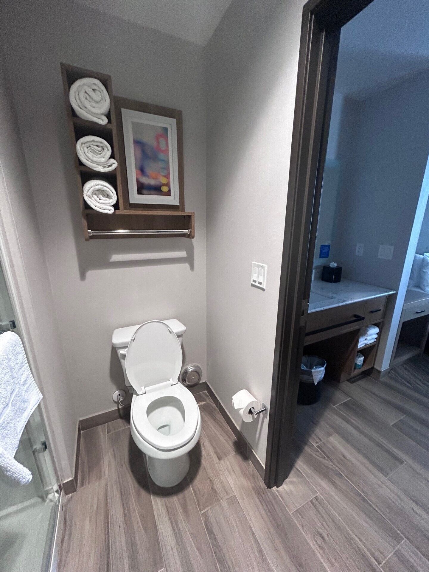 A modern bathroom with a toilet, a towel rack with folded towels, a framed picture, and a wooden shelf.