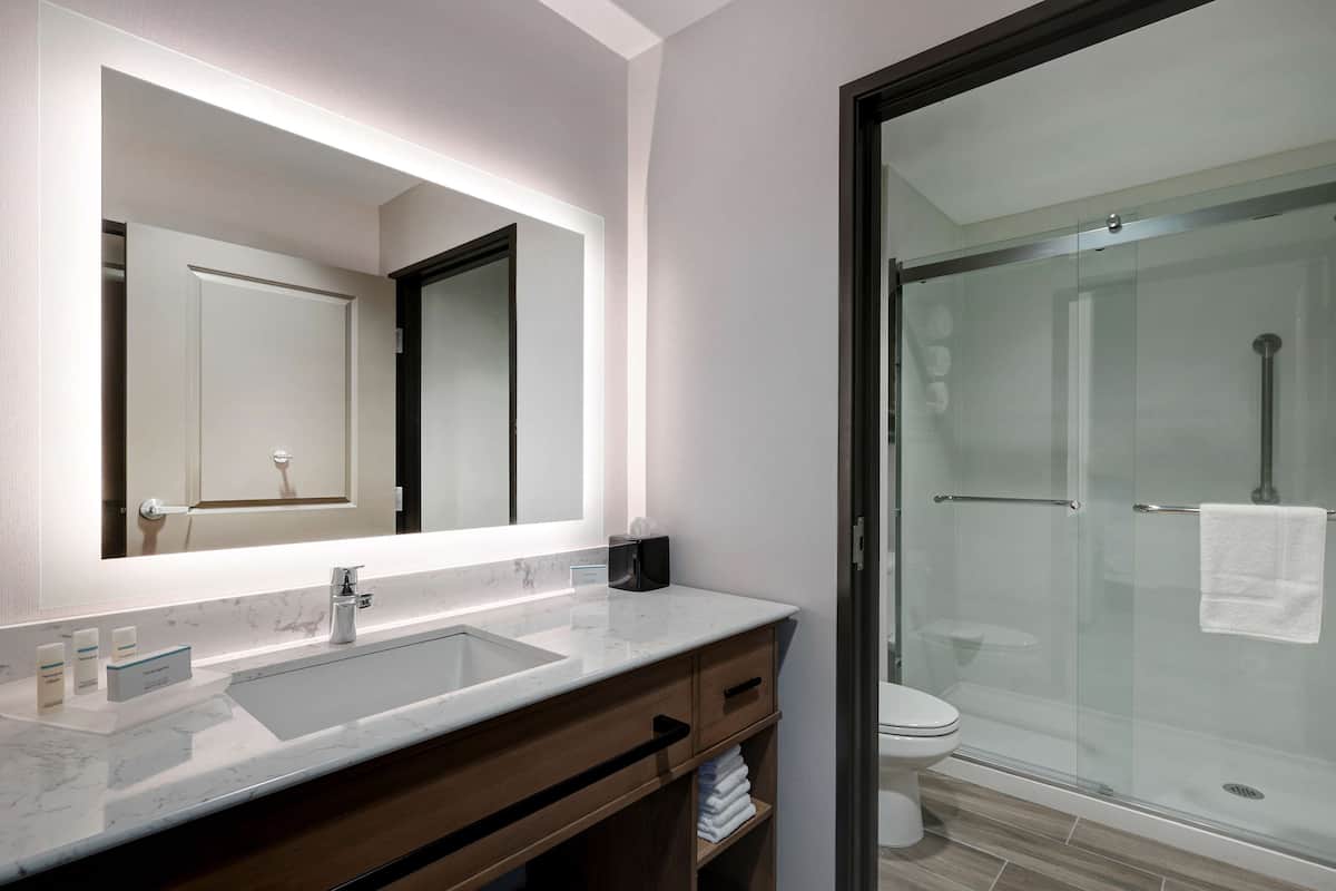 A modern bathroom with a large mirror, a sink with a marble countertop, a glass shower enclosure, and a toilet.