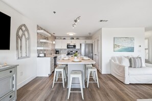 Fridge, microwave, oven, stovetop - Bright Coastal Escape with Gulf View | Community Pools, Balcony, & Beach Access (Gulf Place 30A)