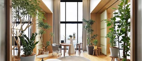 A modern interior with large windows, wooden floors, and multiple potted plants.